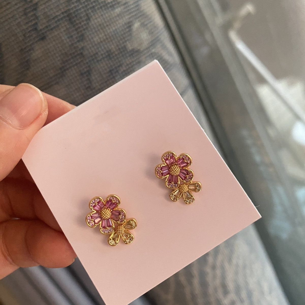 高品质出口欧美外贸首饰粉色水钻双花朵耳钉女精致小花耳饰
