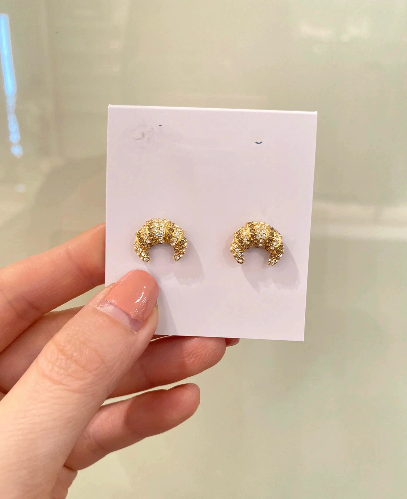 高品质出口欧美原单牛角包可颂面包造型耳钉女满钻镀金