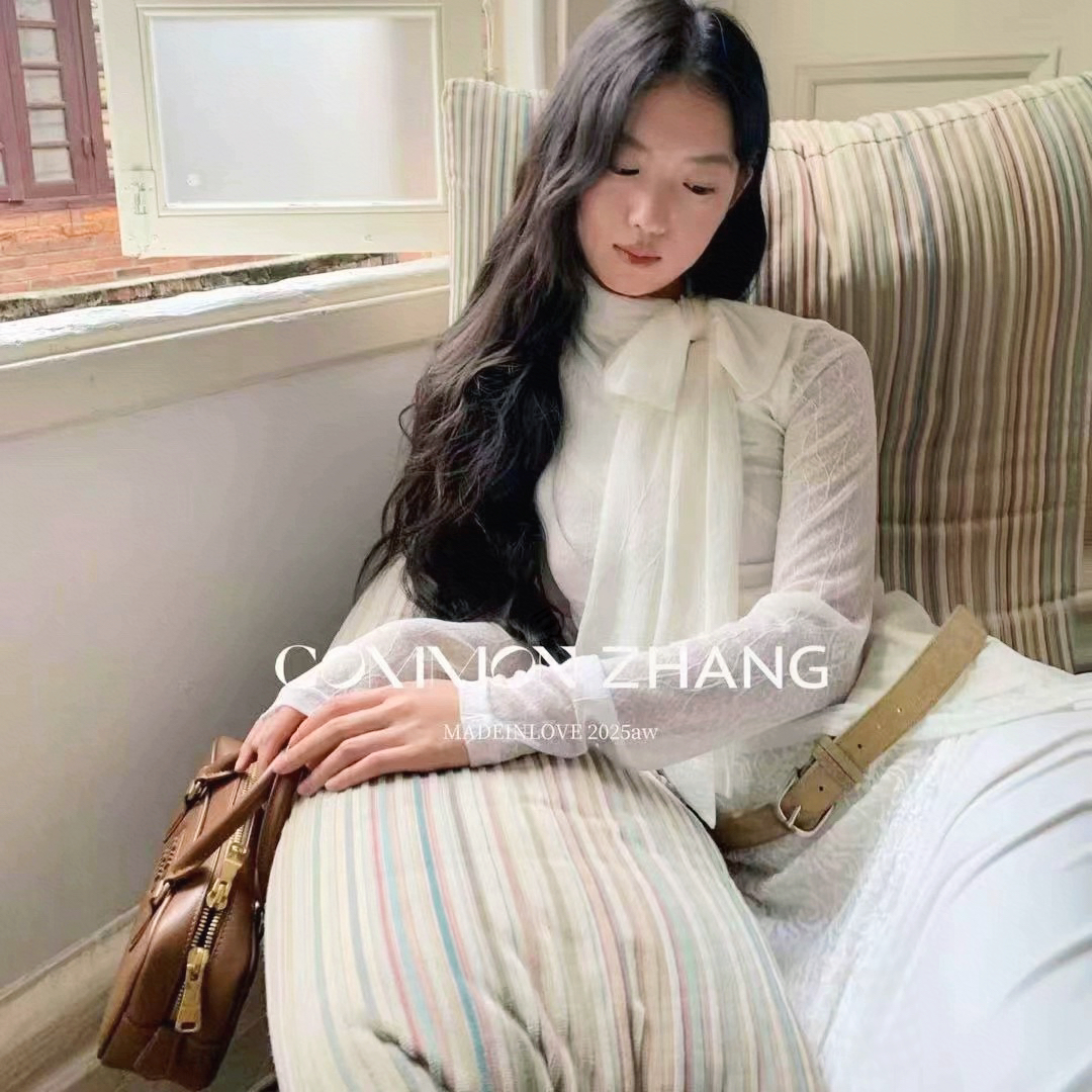 不规则蕾丝打底衫女2025早秋韩版修身透视性感风围巾领蝴蝶结上衣