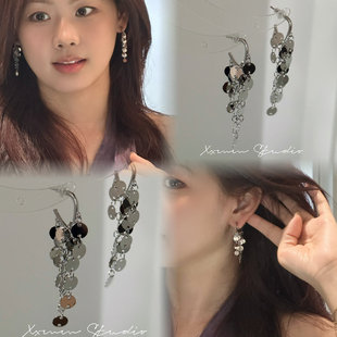 金属亮片流苏耳夹女无耳洞耳夹方圆脸百搭耳饰小众设计感耳钉耳环