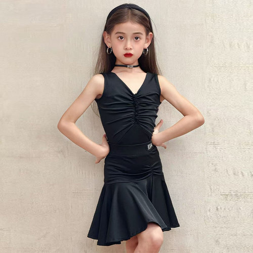 拉丁舞服新款女童夏季比赛训练服大裙摆高级少儿舞蹈服演出服套装