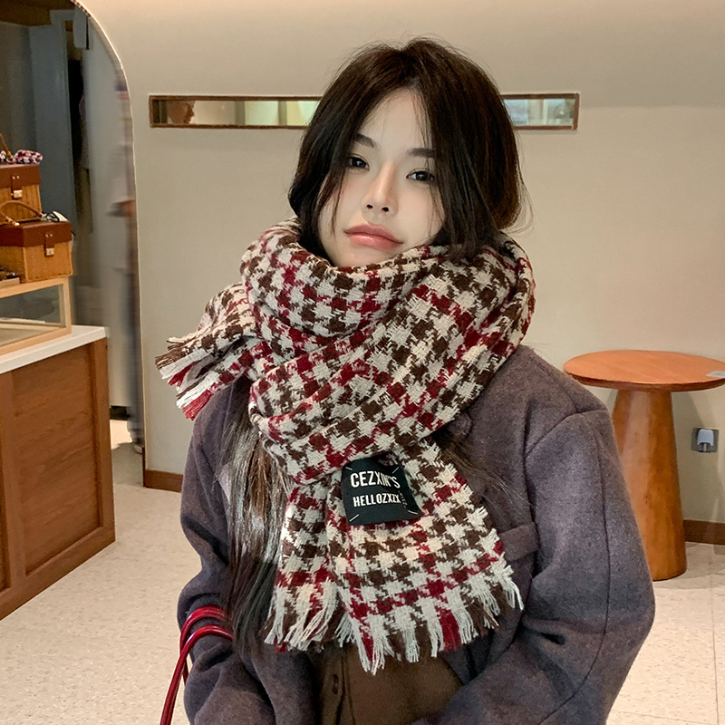 韩系简约时尚千鸟格印花秋冬季防寒围巾休闲织标护颈保暖个性围脖