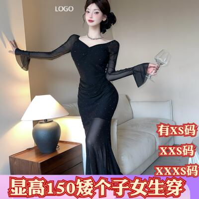 矮个子女装春装加小码XXXS150cm显高性感长袖打底收腰网纱连衣裙