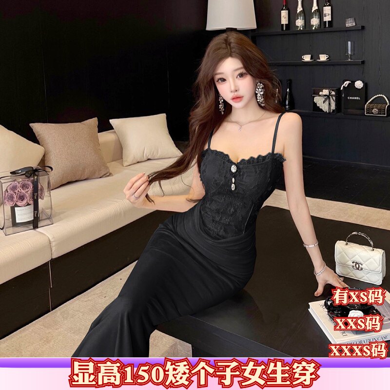 150cm显高春装女装小个子加小码XXXS蕾丝抹胸连衣裙包臀鱼尾长裙