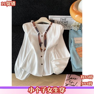 秋季155cm矮个子娇小搭配XXS女装碎花飘带V领衬衫上衣长袖打底衫