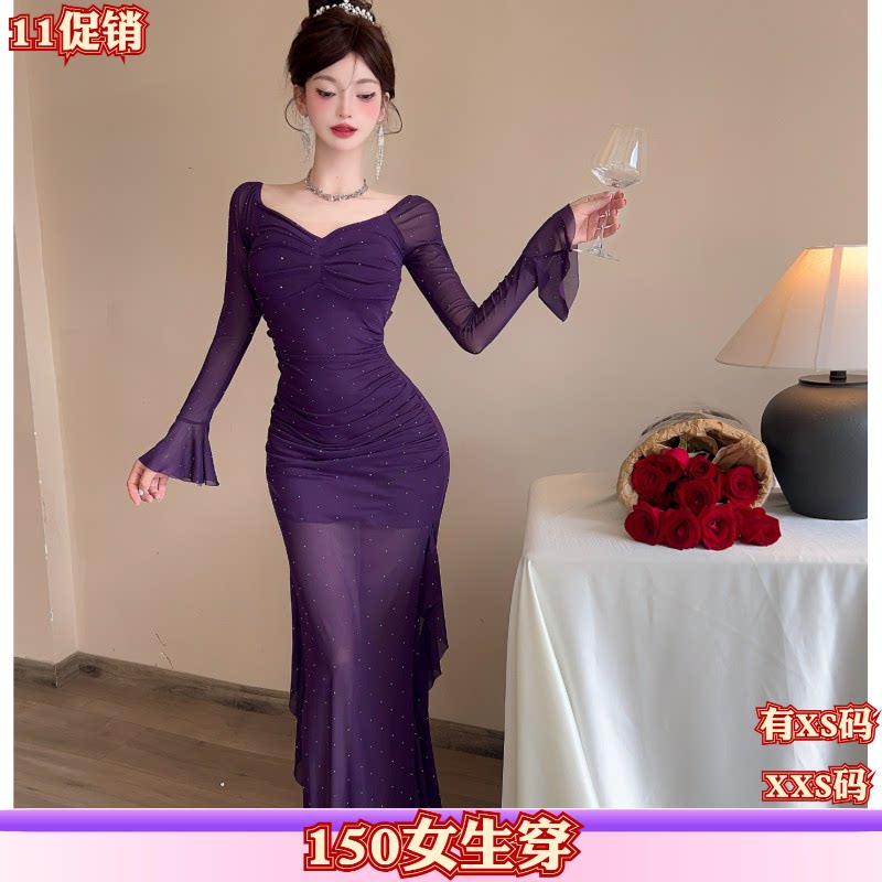 秋装加小码女装矮个子150cm新款XXS网纱方领连衣裙拼接开叉时尚
