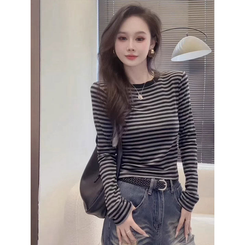 秋冬撞色圆领条纹长袖t恤女美式复古春季正肩修身打底衫女上衣服,女装/女士精品,T恤,淘宝优惠券,粉丝福利购,淘宝优惠卷
