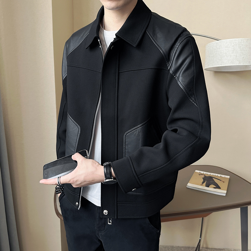 外套男春秋季2025新款痞帅潮牌高级感男装针织PU皮拼接夹克上衣服