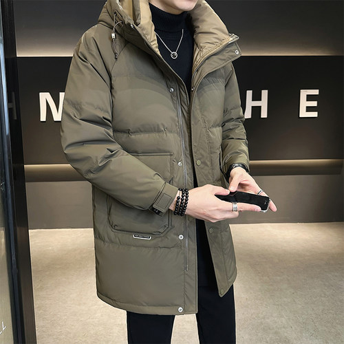 高端连帽休闲中长款徽章羽绒服男