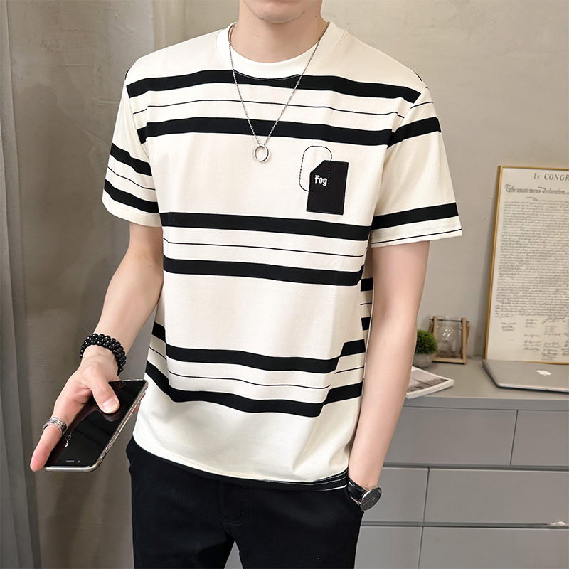 短袖男款夏季新款条纹潮牌圆领半袖衣服男装潮流百搭重磅男士t恤