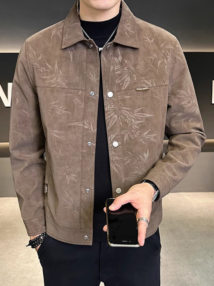 男士外套春秋季2025新款高级感麂皮压花翻领男装痞帅潮牌夹克衣服
