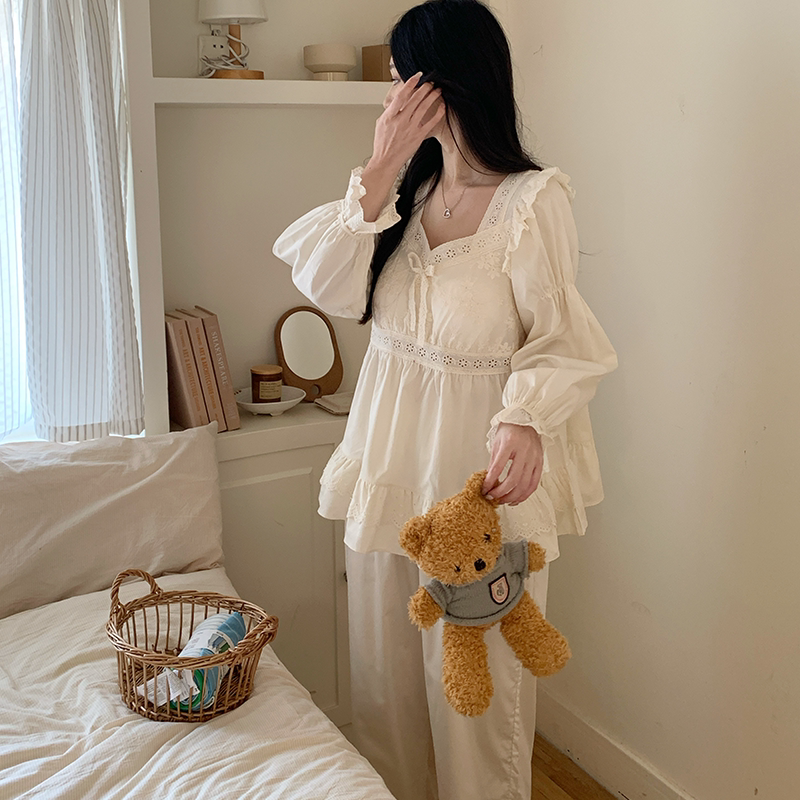 法式重工刺绣方领韩系少女公主风睡衣女款甜美带胸垫棉布家居套装