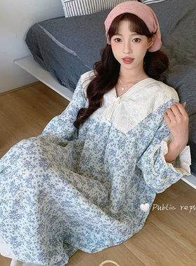 韩国Public republic 睡裙女清新印花棉纱柔软棉布中长款家居睡裙