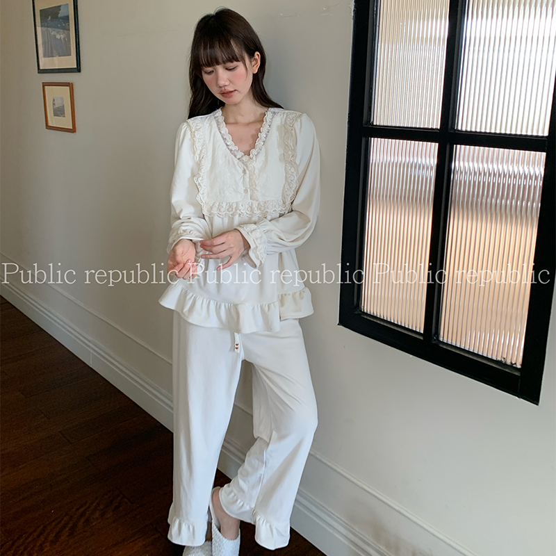 韩国Public republic 睡衣女甜美气质刺绣花边银狐绒柔软家居套装