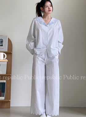 刺绣花边开衫韩国Public republic 睡衣女甜美纯棉简约家居服套装