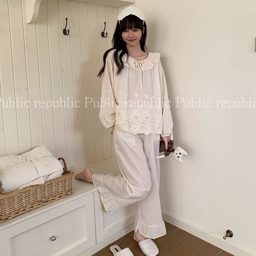 韩国Public republic 睡衣女甜美蕾丝刺绣纯色小清新少女家居套装