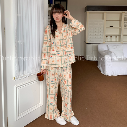 韩国Public republic 睡衣女甜美印花简约棉布衬衫领可爱家居套装