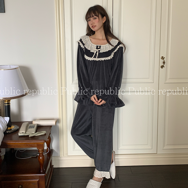 韩国Public republic 睡衣女甜美气质刺绣花边银狐绒柔软家居套装