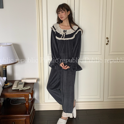 韩国Public republic 睡衣女甜美气质刺绣花边银狐绒柔软家居套装
