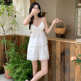 家居套装 小白花韩国ins风 睡衣女清新甜美纯色舒适棉外穿吊带短裤