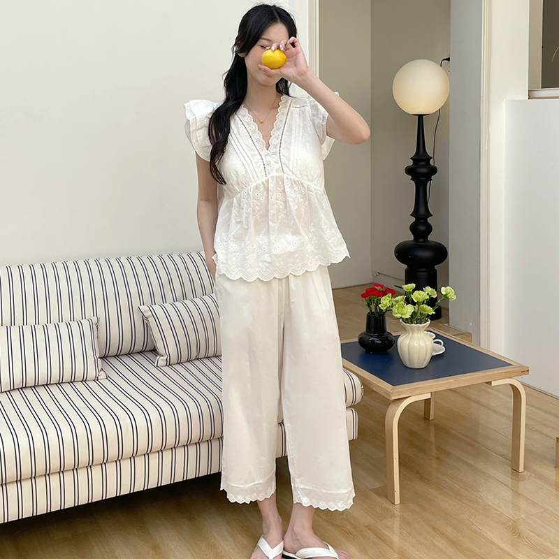 法式重工刺绣V领韩系少女公主风睡衣女款甜美带胸垫棉布家居套装