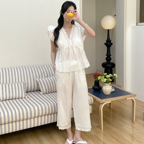 法式重工刺绣V领韩系少女公主风睡衣女款甜美带胸垫棉布家居套装