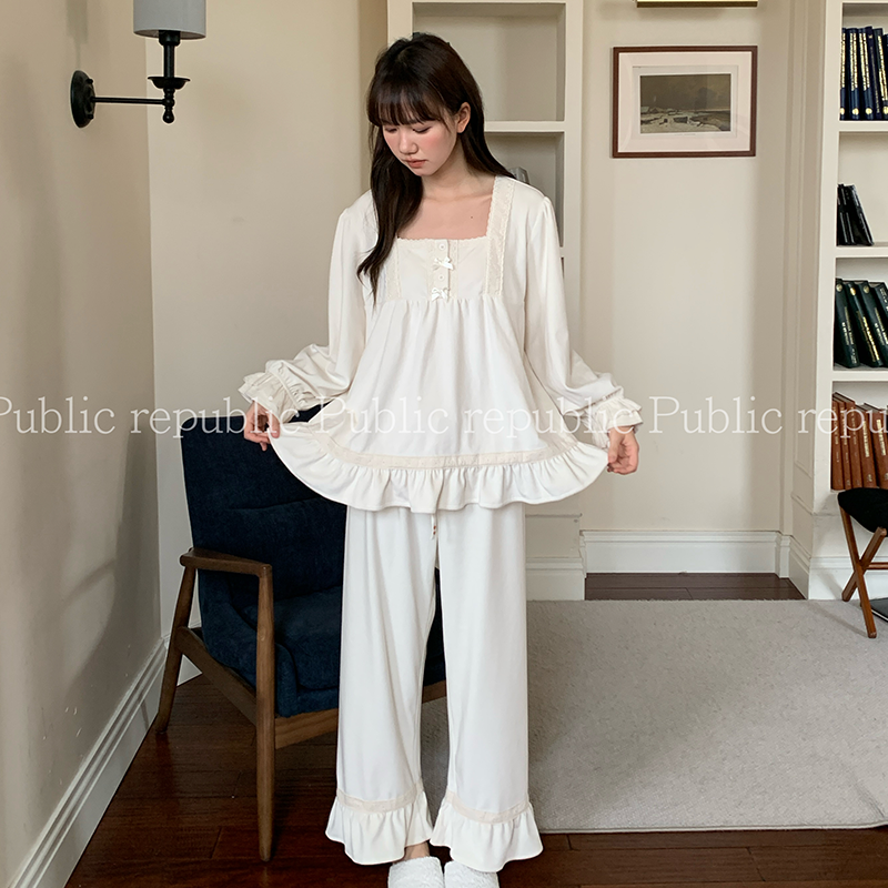 韩国Public republic 睡衣女甜美气质刺绣花边银狐绒柔软家居套装