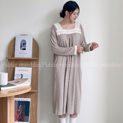 条纹慵懒感韩国Public republic 睡裙女复古方领甜美彩棉家居睡裙