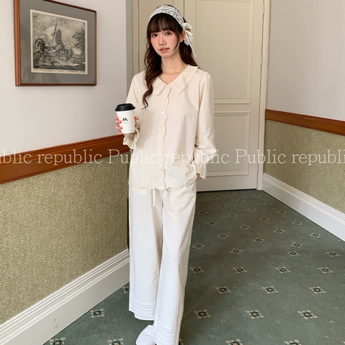 韩国Public republic 睡衣女甜美蕾丝刺绣纯色小清新少女家居套装