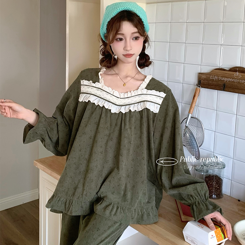 韩国Public republic 睡衣女复古印花甜美灯芯绒柔软舒适家居套装