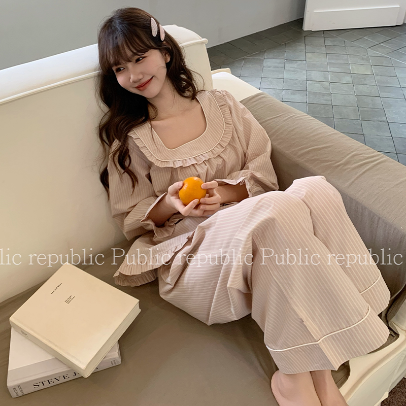 韩国Public republic 睡衣女「粉蔷」甜美小清新少女棉布家居套装