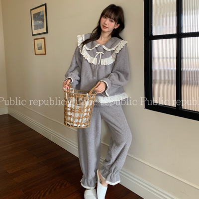 可爱系荔枝绒韩国Public republic 睡衣女甜美软糯小翻领家居套装