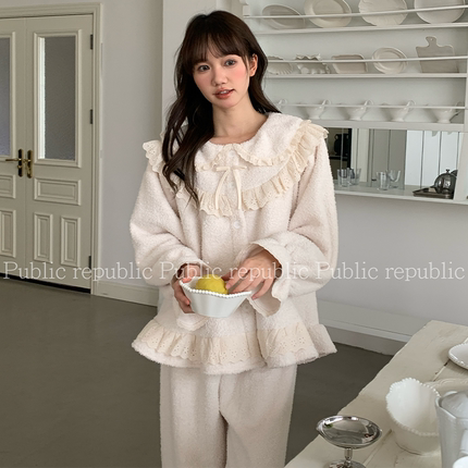 可爱系荔枝绒韩国Public republic 睡衣女甜美软糯小翻领家居套装
