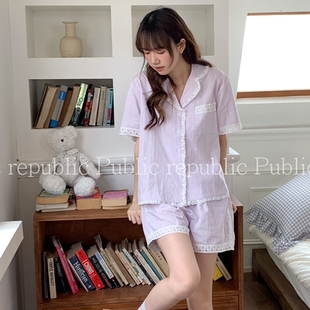 韩国Public republic 睡衣女甜美少女纯色衬衫领夏季短袖家居套装