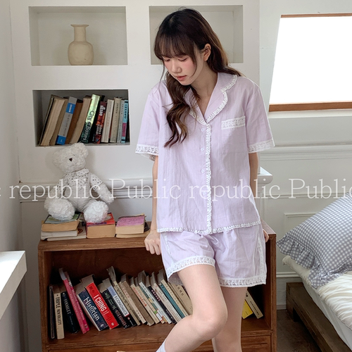 韩国Public republic 睡衣女甜美少女纯色衬衫领夏季短袖家居套装