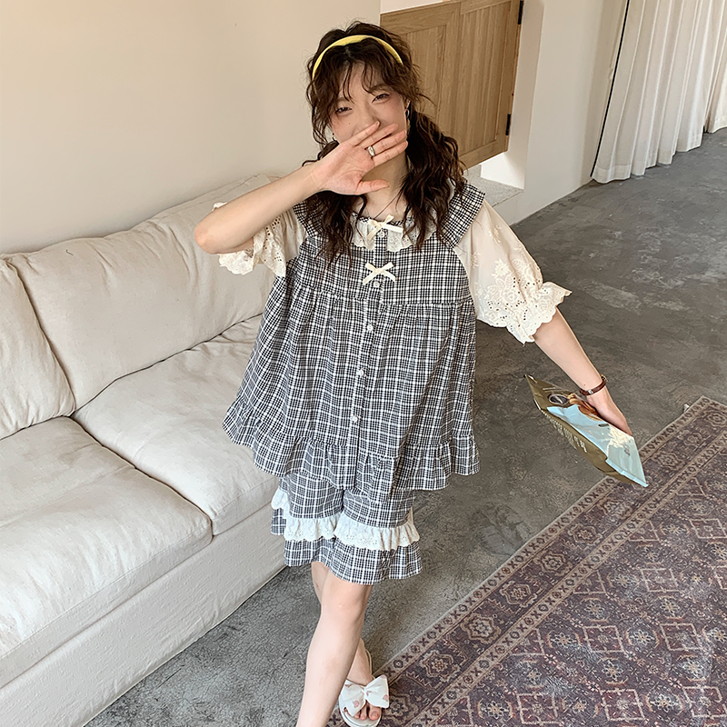 韩系复古格子睡衣女甜美可爱花边短袖短裤减龄娃娃领夏季家居套装
