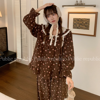 韩国Public republic 睡衣女「棕野蔷薇」甜美软糯雪粒绒家居套装