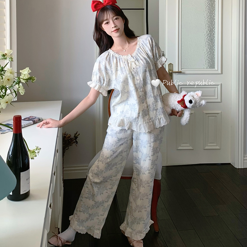 韩国Public republic 睡衣女复古宫廷山水画甜美舒适棉布家居套装