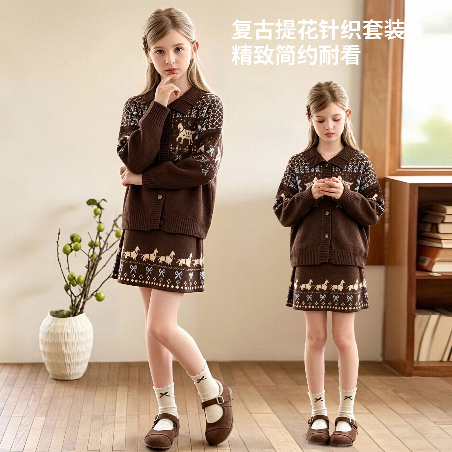 费尔岛女童秋冬提花毛衣两件套