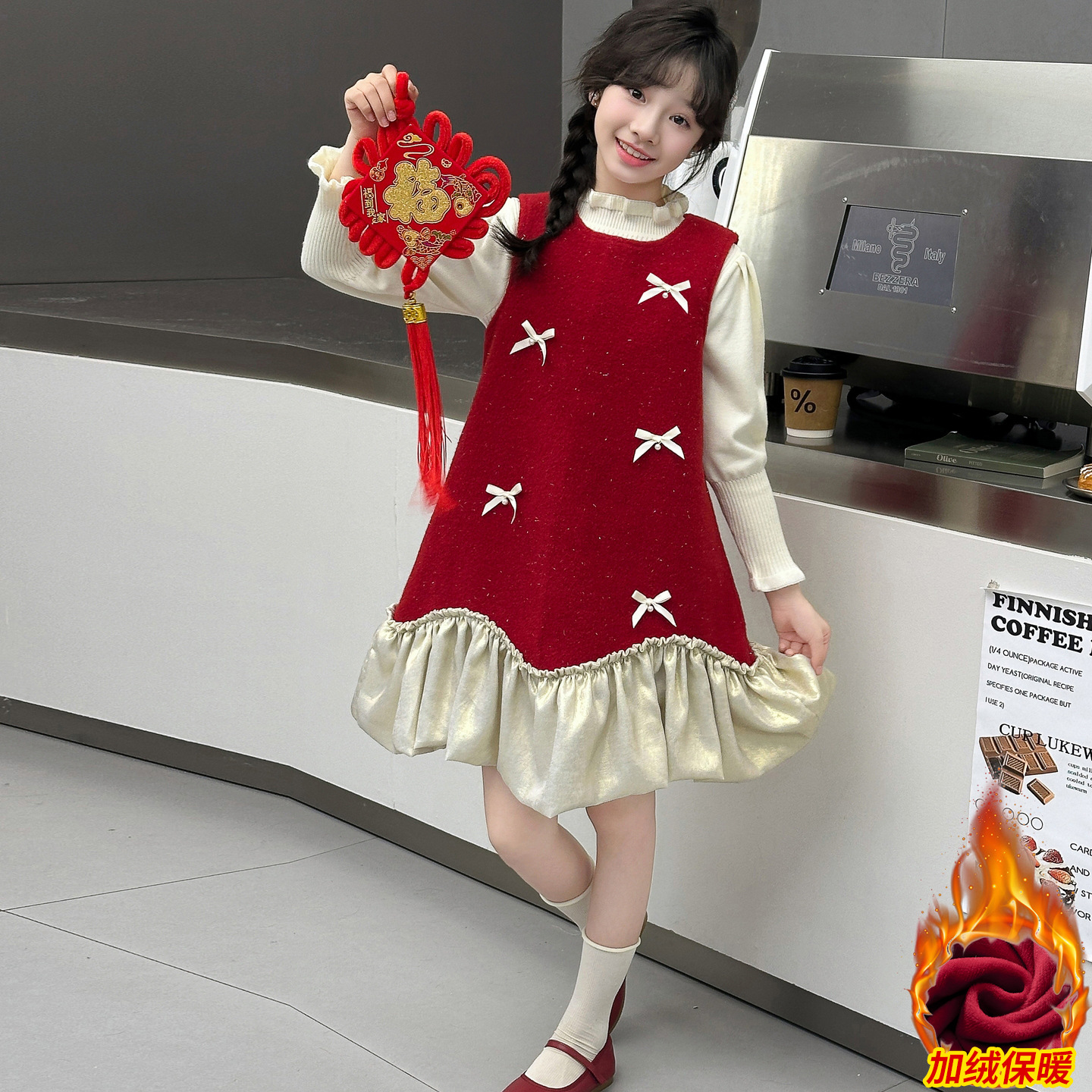 女童加绒背心连衣裙秋冬新款
