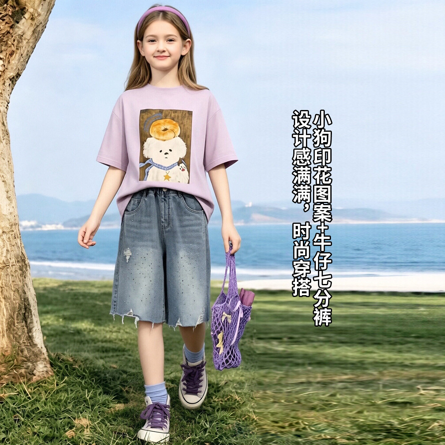 女童短袖T恤套装夏季2026新款儿童夏装女孩印花上衣牛仔裤两件套