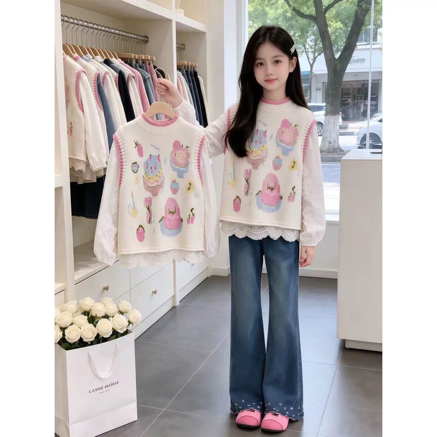 女童超好看马甲衬衫套装2026新款女大童韩系穿搭儿童牛仔裤三件套