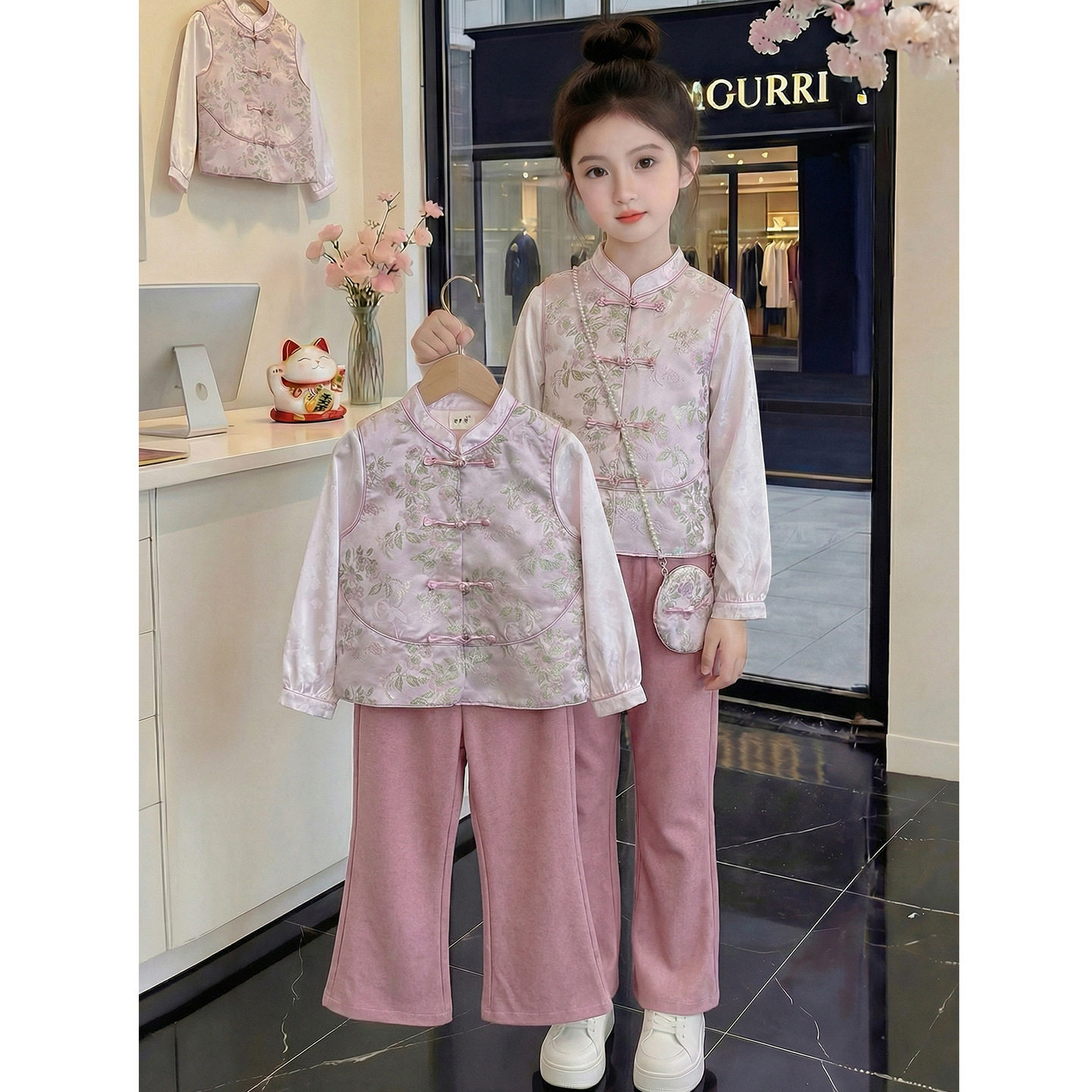 女童春装2026新款儿童洋气汉服国风新中式马甲女孩春秋款爆款套装