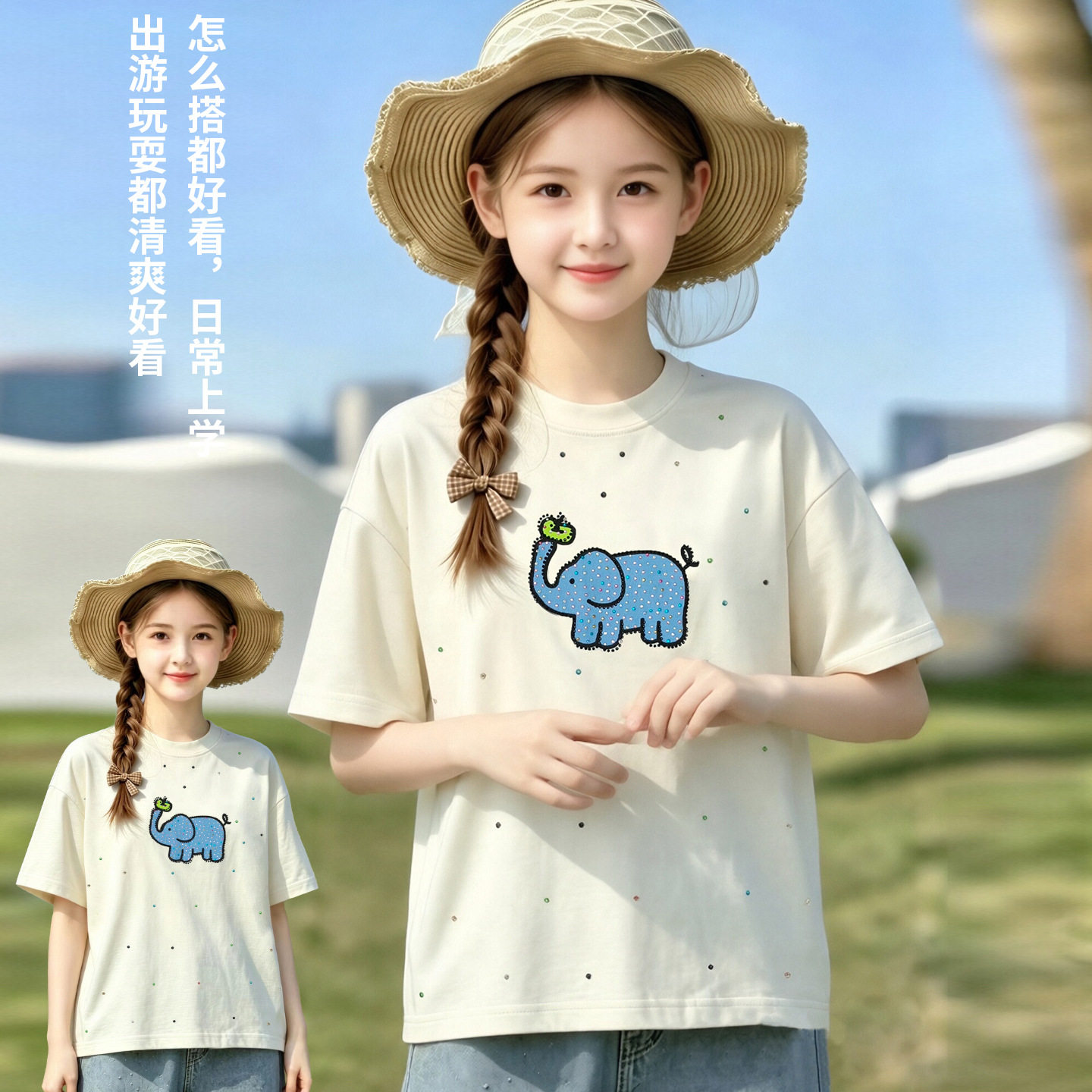 女童t恤短袖夏季2026新款洋气时髦大童休闲宽松半袖体恤漂亮上衣