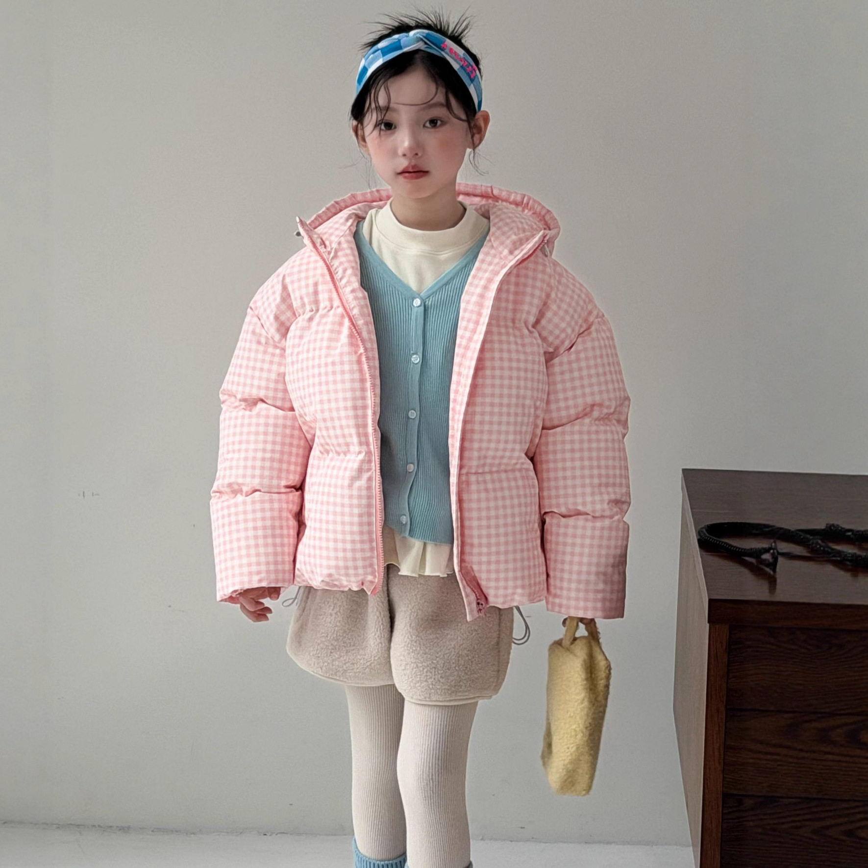 女童粉格子短款棉服2025冬季韩系甜美宽松加厚棉衣连帽面包服外套