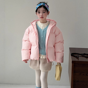 女童粉格子短款棉服2025冬季韩系甜美宽松加厚棉衣连帽面包服外套