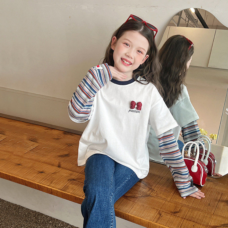 儿童拼接白t恤女童洋气长袖打底衫大童内搭上衣2026春秋装新款