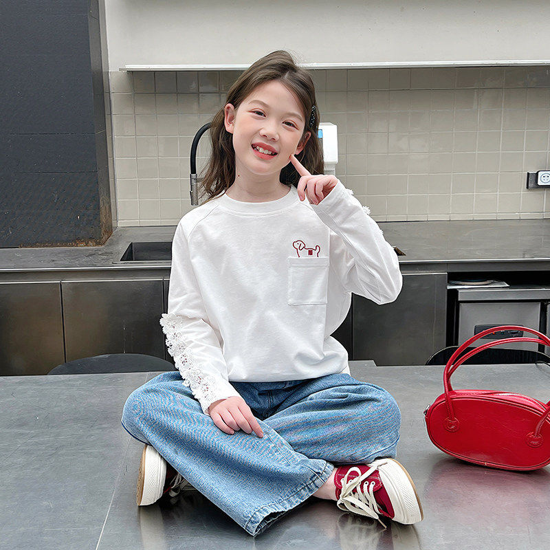 女童洋气长袖白t恤大童内搭打底衫儿童宽松上衣2026春秋装新款