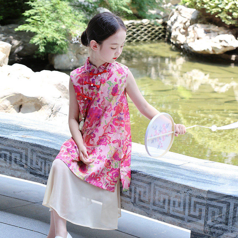 女童旗袍裙子中国风改良古筝公主裙儿童汉服夏季新中式奥黛连衣裙