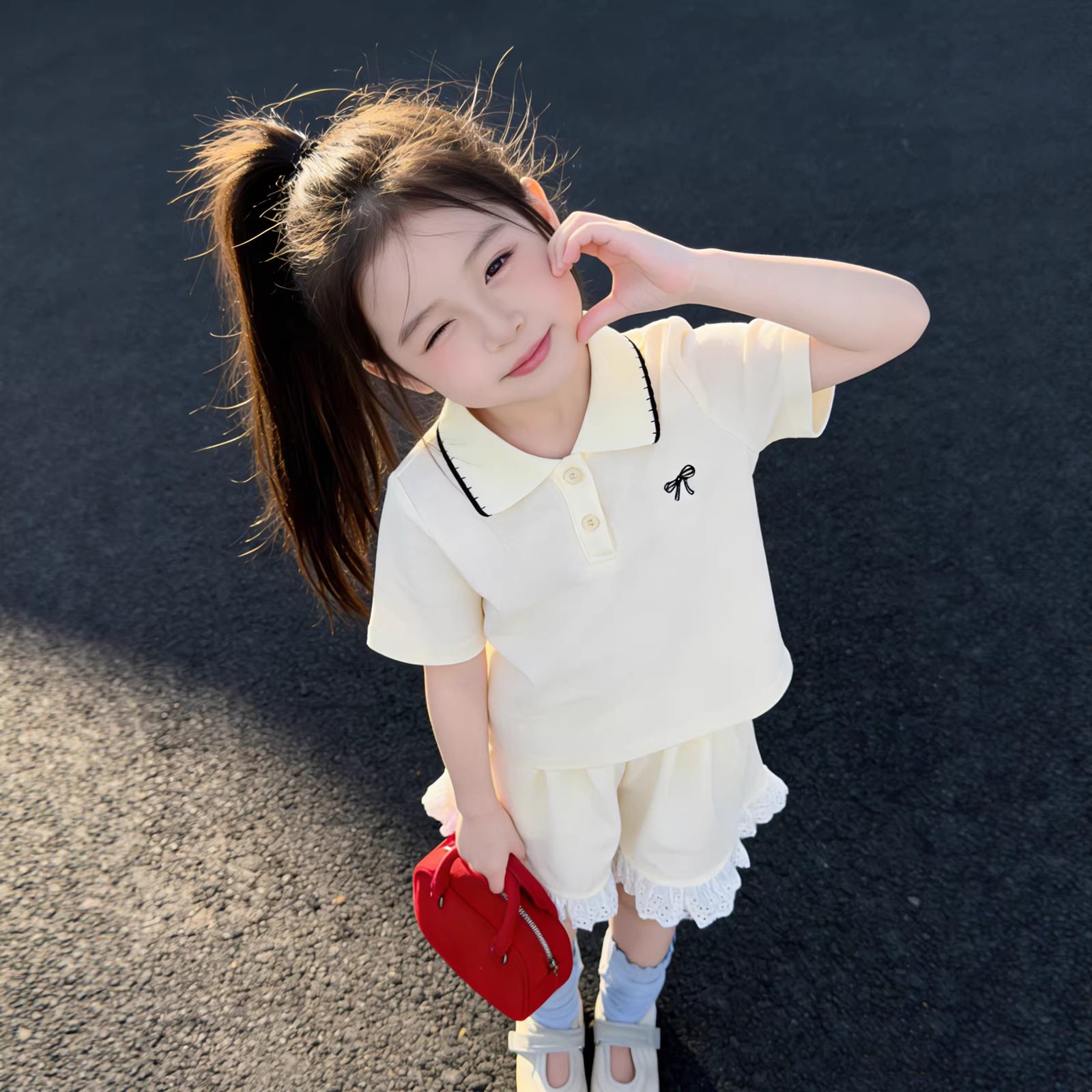 童装快干POLO衫 百搭短袖刺绣T恤翻领女童上衣25春夏新款休闲套装